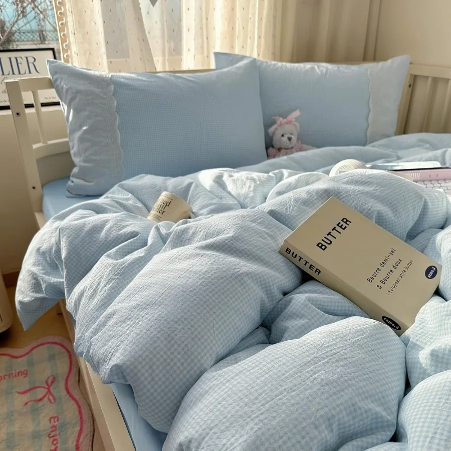 

Синий клетчатый пододеяльник в мелкую клетку, полный размер, комплект постельного белья в клетку Cottagecore с кружевной отделкой, мягкая стираная микрофибра, винтажный эстетический комплект