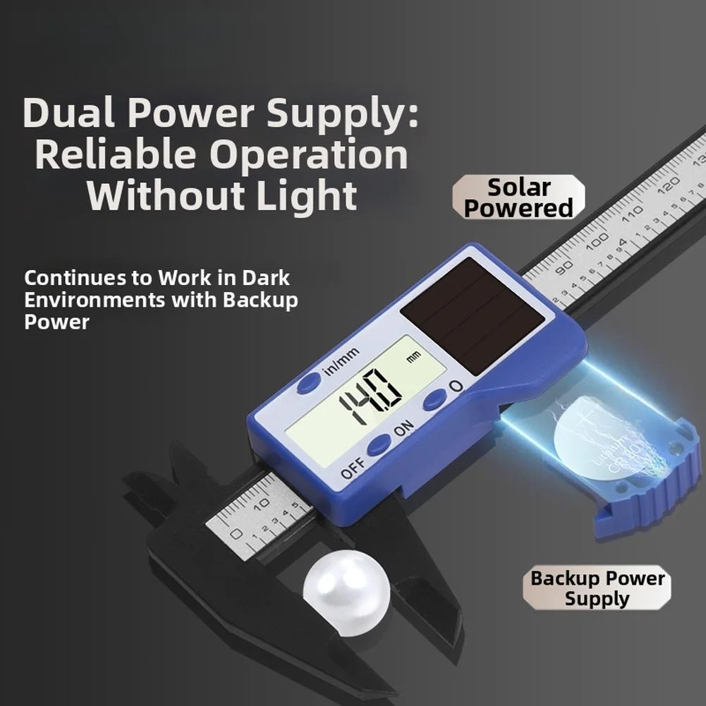0-150mm Digital Caliper Solar Powered with LCD Measurement Display Plastic Vernier Tool Dual Power System for Reliable Use