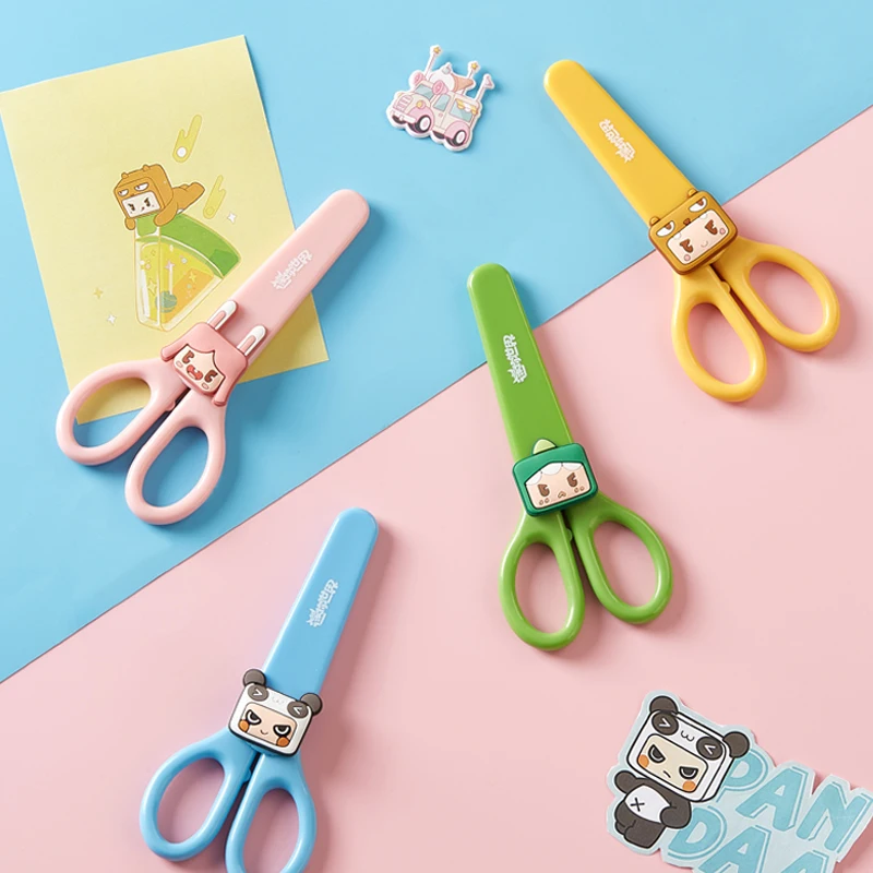 1pc Cute Cartoon Scissors Stainless Steel Blade with Protective Cover Rounded Tip Safe for Student Handmade Paper Cutting