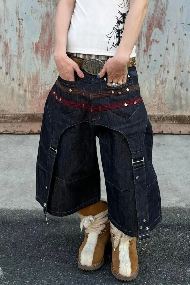 

American Vintage Plus Size Star Studded Denim Capris for Women Heavyweight Patchwork Design Y2K Hot Girl Aesthetic Cropped Pants