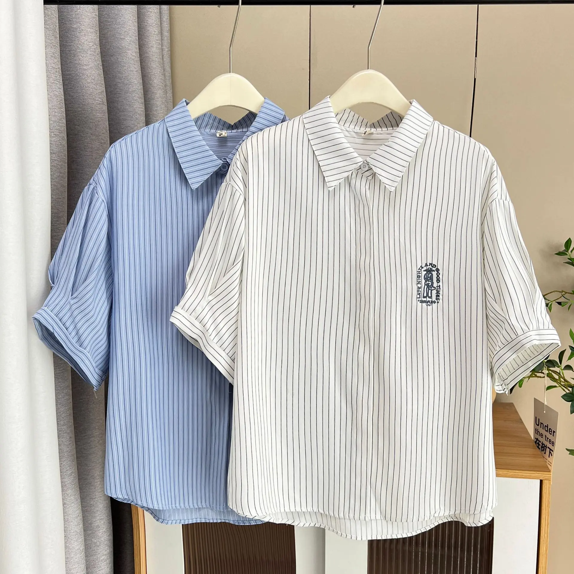 100kg Summer Plus Size Blouses New Casual And Elegant Embroidered Striped Short Sleeved Women's Shirt 2513