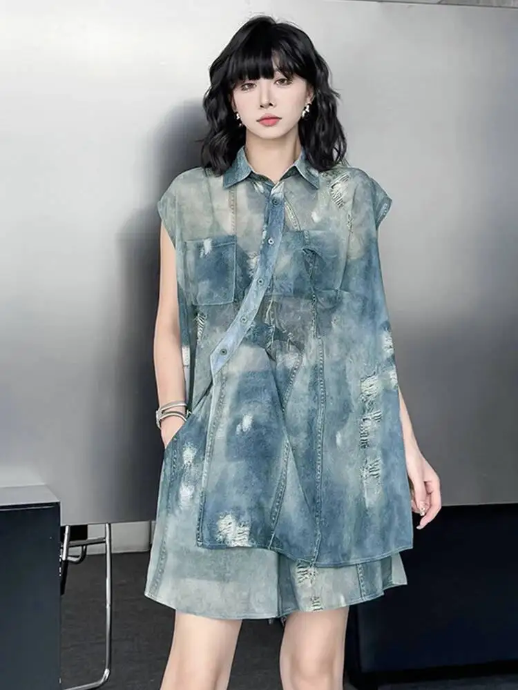 Blue Thin Denim Shirt Wide Leg Shorts Two Piece Suit New Lapel Sleeveless Women Fashion Tide Spring Summer