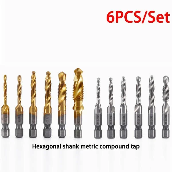 6Pcs M3-M10 Screw Tap Drill Bit High Speed Steel Screw Tap Woodworking Metric Combination Drill Bit High Speed Steel Titanium