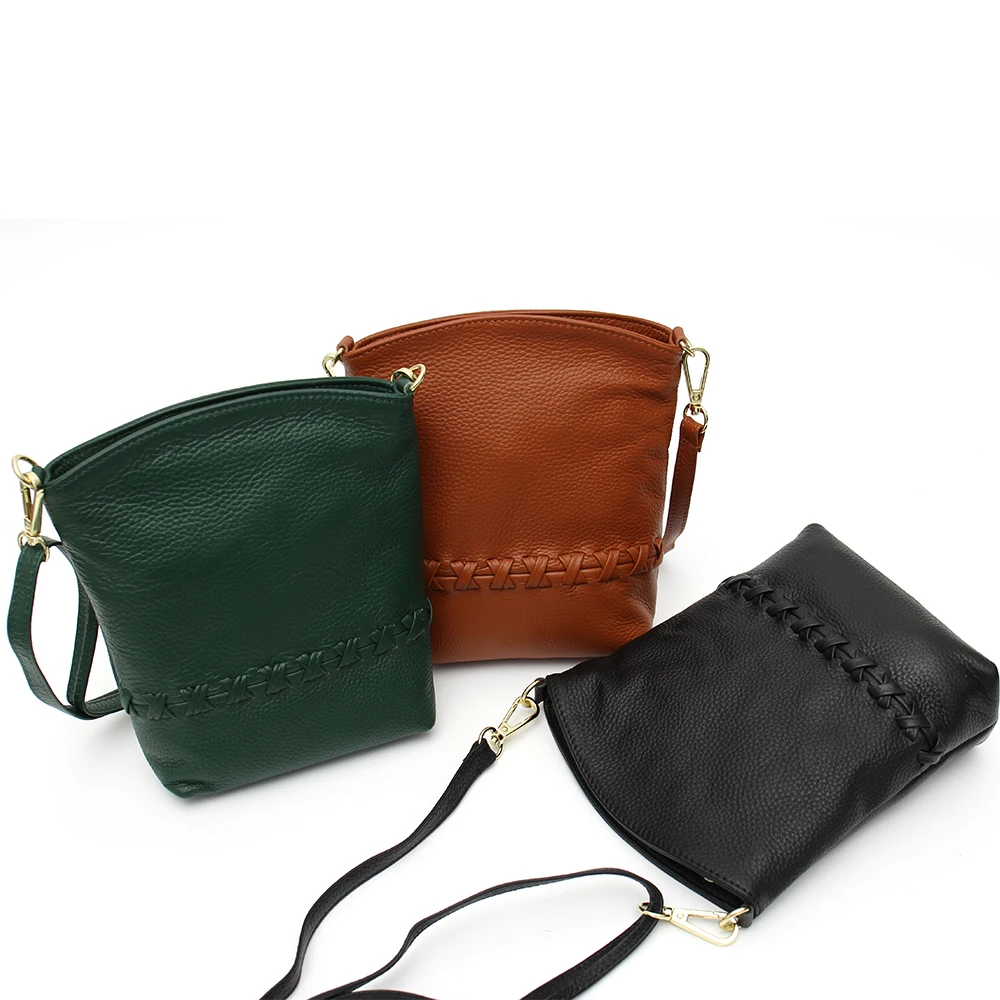 SC Casual Genuine Leather Sling Bags For Women Daily Small Crossbody Shoulder Handbags Bucket Zip Phone Purses Woven Portable