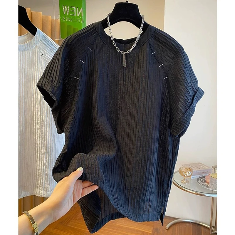 

Loose ort Sve Women's T-irt Korean Sle Pure Color Commute Casual Top with Stitching Texture Design Summer Faion