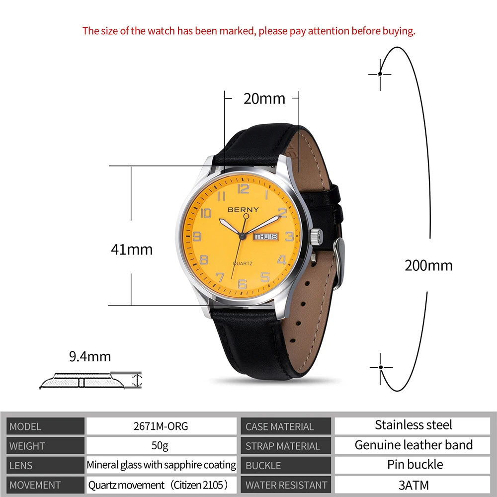 BERNY Classic Quartz Watch for Men MIYOTA 2105 Business Fashion Male Wristwatch  Date Genuine Leather Men Watches Waterproof