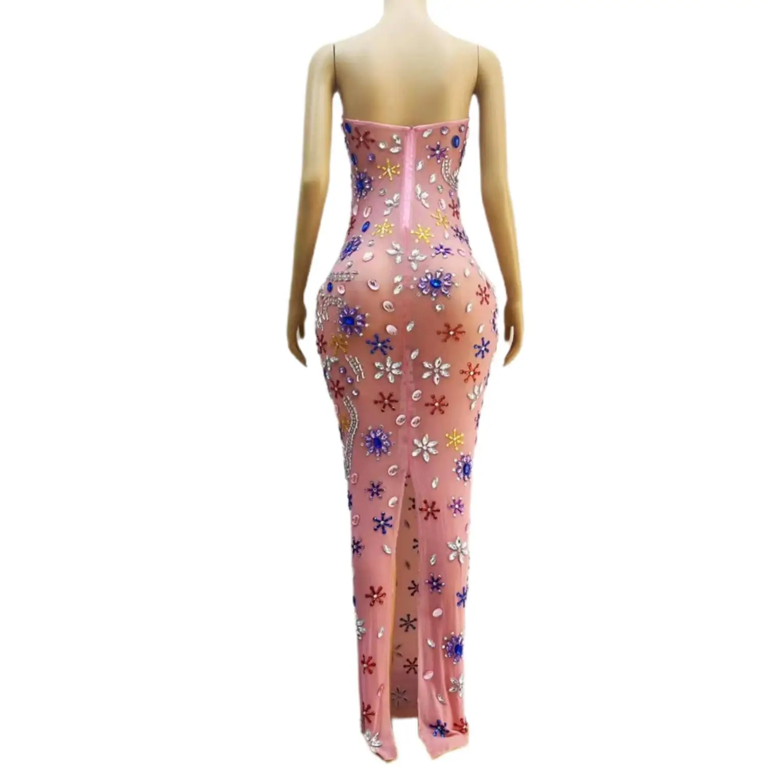 Tangren Sexy robe de soirée sans bretelles rose voir à travers maille bleu blanc strass longue robe de mariage Banquet robe de fête d'anniversaire