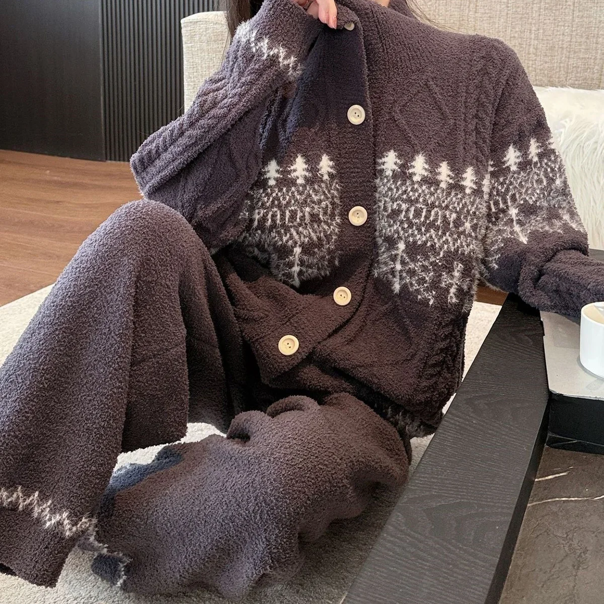 2Pcs Loose outerwear Flannel Women Autumn Winter Thick Warm Home Suit Set Cardigan Sweater Outside Loose Coral Fleece Pajamas