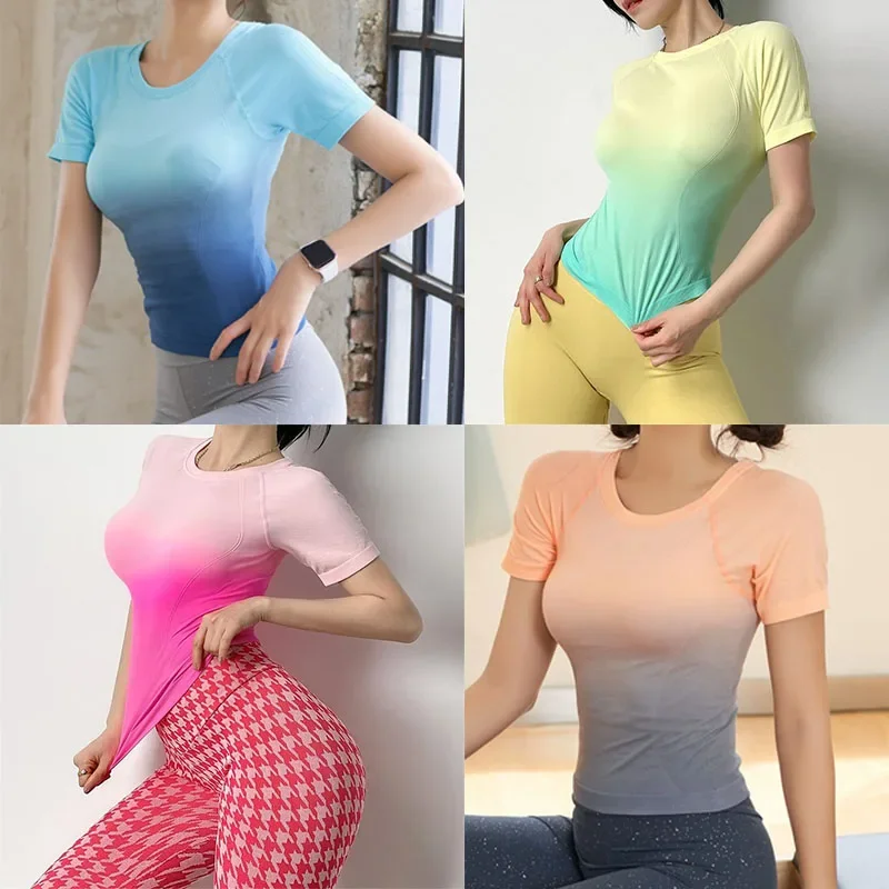 PofyBofy Yoga korte mouw workout korte mouw slim fit sporttops sneldrogend kompres fitness gradiënt dames hardlooptop