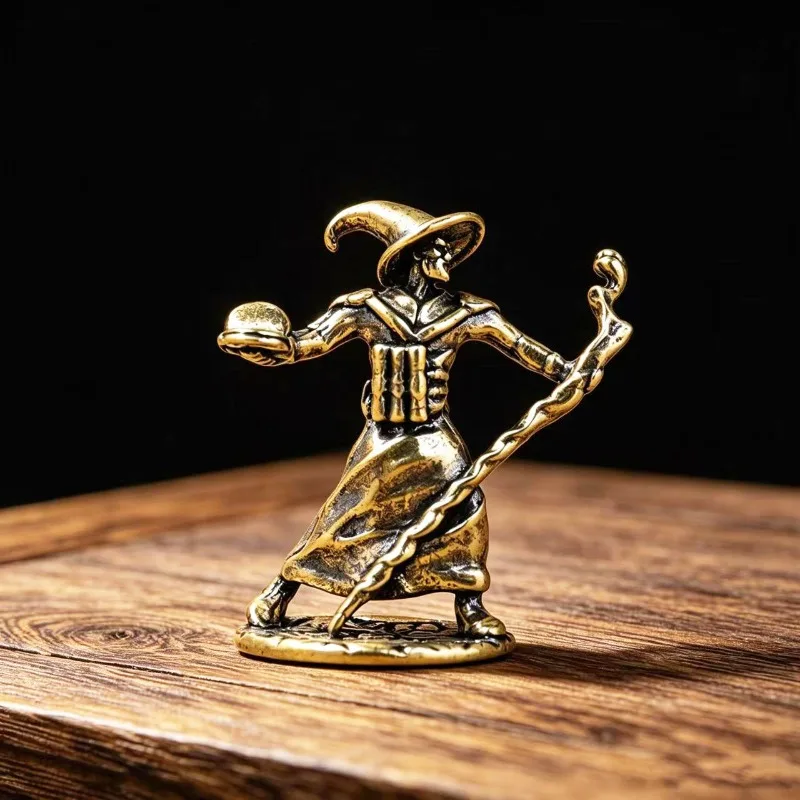 Brass Wizard Figurine Vintage Mini Statue With Magic Staff Desktop Ornament Fantasy Collectible Tabletop Decoration Gift