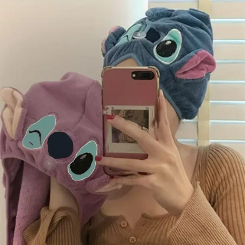 Toallas para Secar el Cabello Lilo & Stitch, Toalla Absorbente de Terciopelo de Coral con Bordado de Stitch y Angel, Gorro para Secar el Cabello en Casa, Regalo