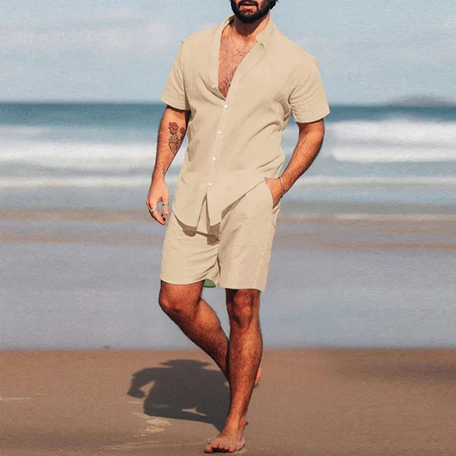 Nowy męski zestaw hawajski letni jednolity kolor stójka koszula z krótkim rękawem i spodenki plażowe Streetwear wysokiej jakości 2-częściowy zestaw 2023