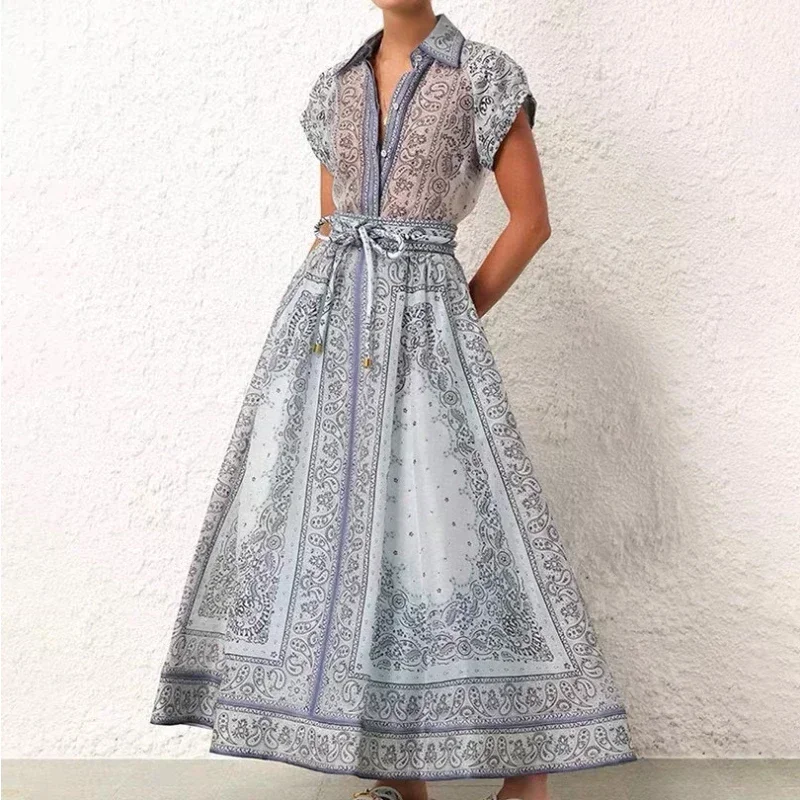 2023 New Collection Paisley Light Blue Floral Print Vintage Short Sleeve Blouse and Midi Skirt Women Sets for Holiday