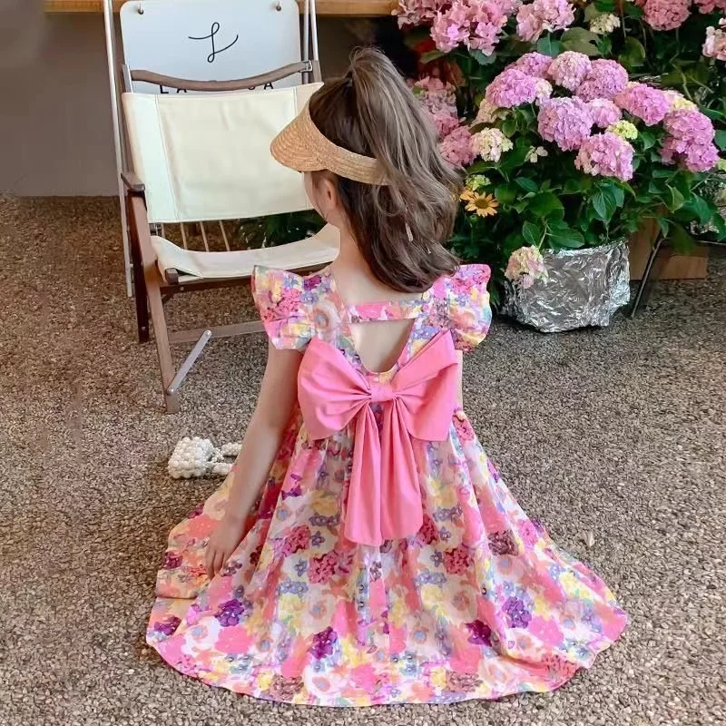 Girls' Summer Fragmented Flower Dress 2024 New Children's Fashionable Open Back Skirt with Bow and Big Girl Princess Dress