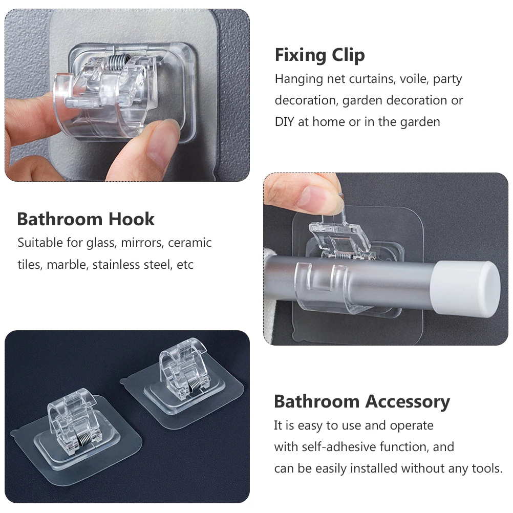 

4 Pcs Bathroom Hook Pasting Curtain Rod Clip Curtain Rod Holder Drapes Hooks Adhesive Clips Shower Bathroom Fixing Accessories