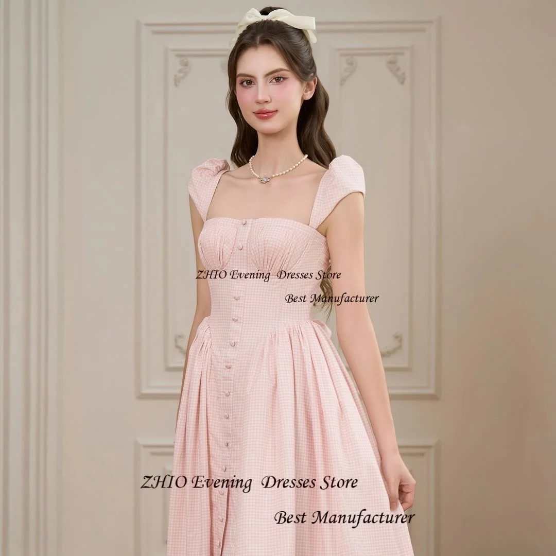 ZHIO Pastrol Pink Check Chiffon Tea-Length Evening Gown Dress Square Collar Sleeveless Formal Prom Gowns Customized with Pleat