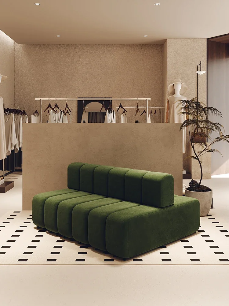 Straight row sofa seating area reception clothing store hotel lobby horizontal hall