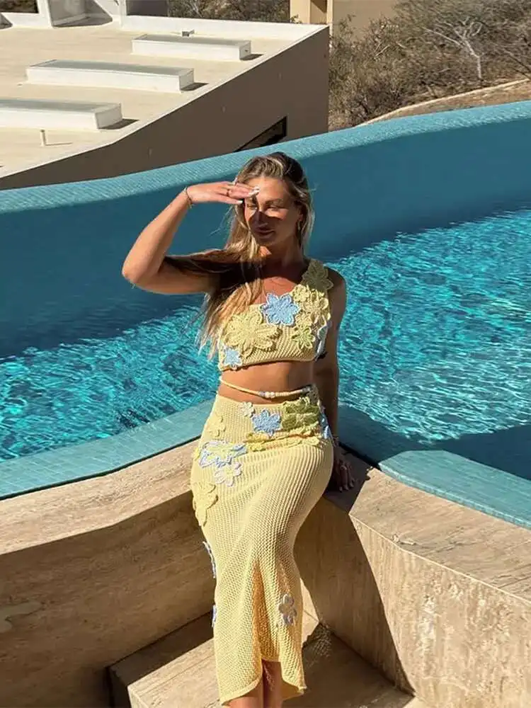 Kolorowa kwiatowa dzianinowa Mini sukienka damska letnia drążona szydełkowa impreza na plaży krótka szykowna nowa wakacyjna dama Vestidos GY26039