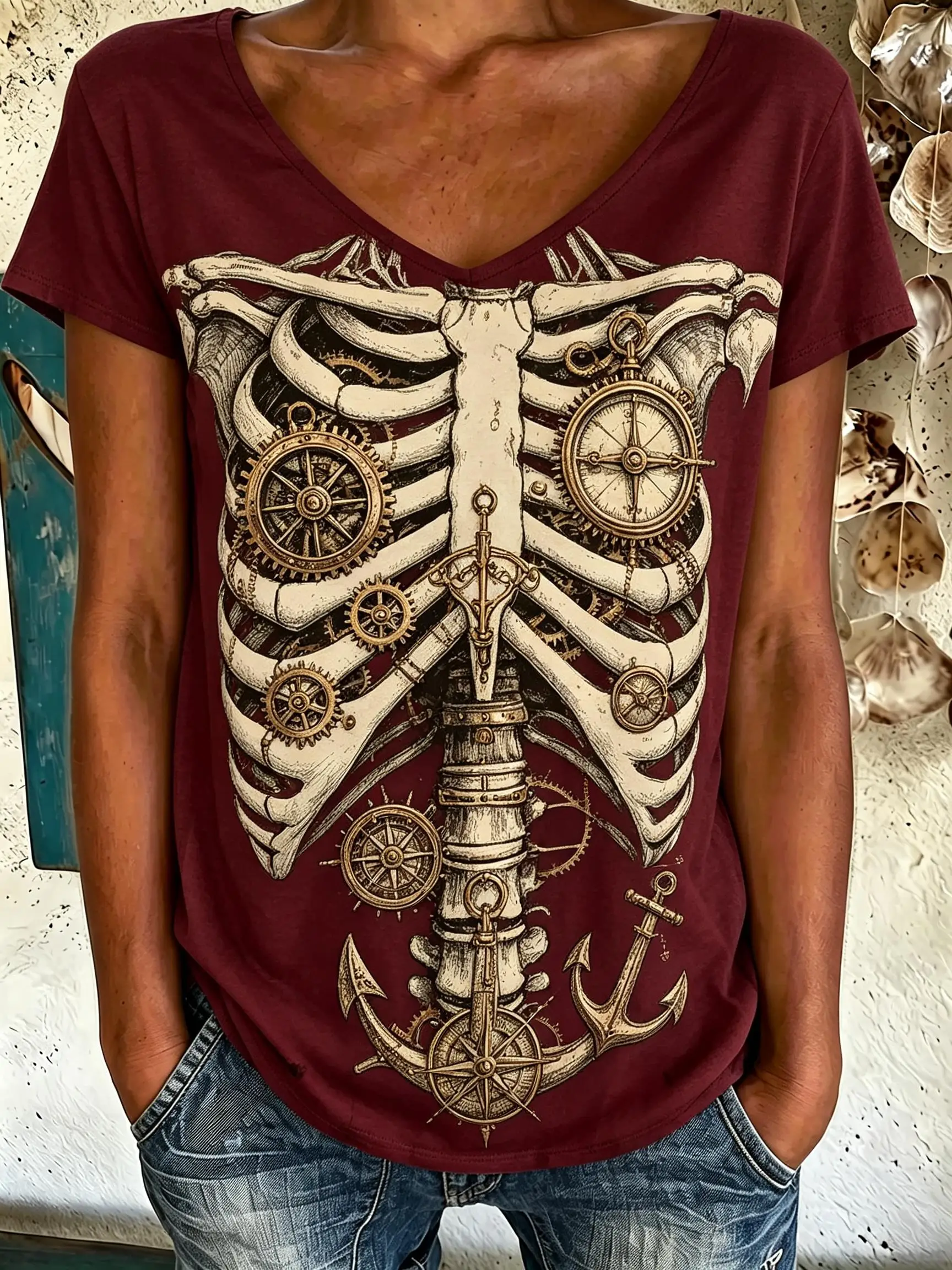 Women V‑Neck Short Sleeve T‑Shirt Skeleton Graphic Print Tees Steampunk Gear Anchor Compass Ribcage Sketch Bone Halloween Tops