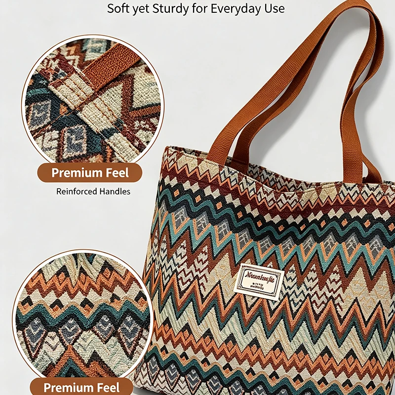 Bohemian Ethno-Stil Geometrischer Druck Canvas-Umhängetasche, Bunte Zickzack-Muster-Handtasche für Damen, Leichte Pendler-Tragetasche – Detail 2