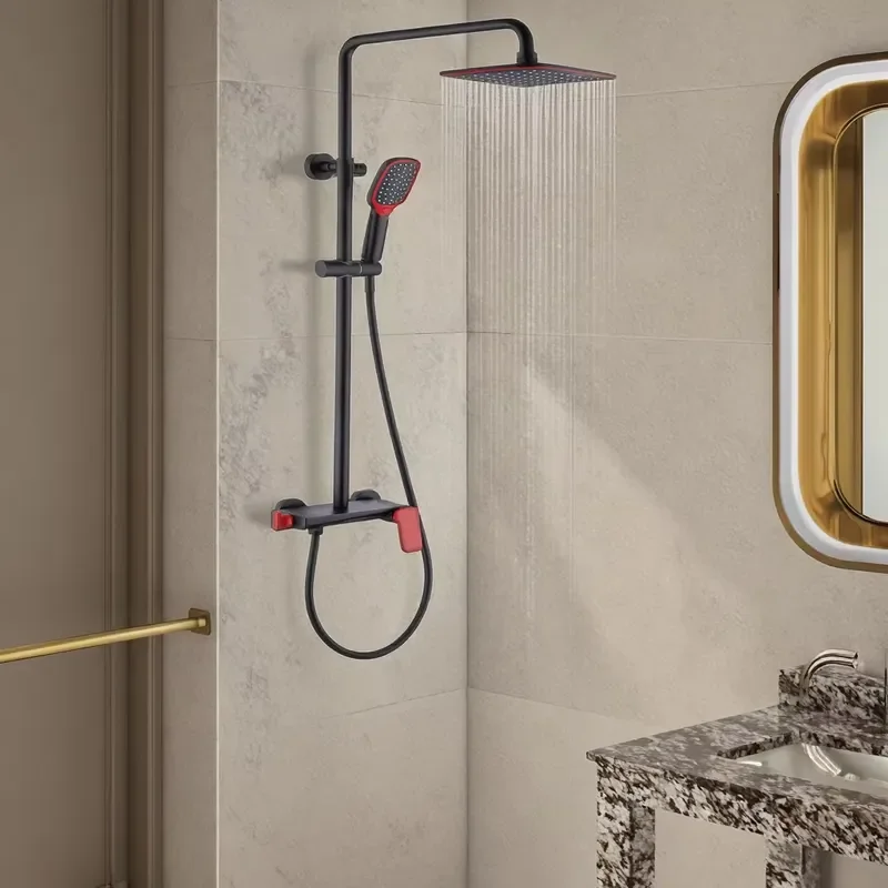 Polished Brass Wall-Mounted Ceramic Valve Black Red Handle Bathtub Shower Soft Massage Rainfall Faucet Set Bathroom view 2