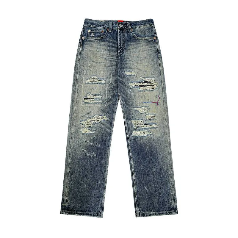 عصرية الراقية الجينز الثقيل الوزن الحنين الرجال الشارع الاتجاه الرجعية التدرج الأزرق ممزق السراويل فضفاضة