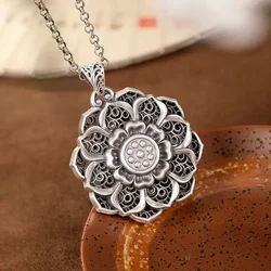 Exquisite Carving Lotus Flower Pendant Women Sweater Chain Accessories Retro New Ethnic Style Necklace 925 Silver Women Jewelry
