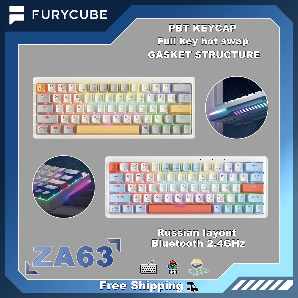 FURYCUBE ZA63 Russian layout 60% 63 Keys Mini Mechanical Keyboard RGB Backlit Gaming  Hot Swappable Yellow Switch Side lights