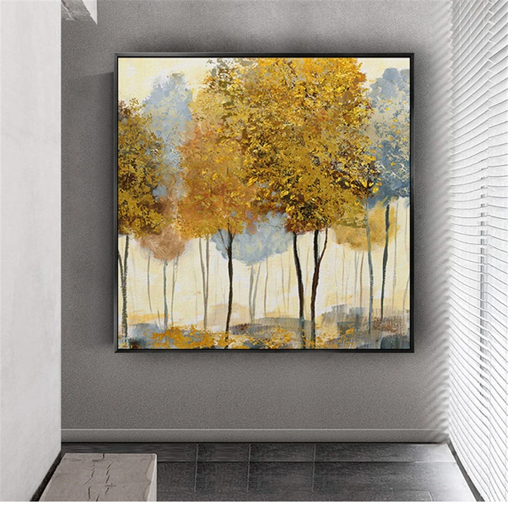2025 جديد اليدوية Gloden الأصفر مجردة الأشجار النفط اللوحة ديكور المنزل قماش رسم جدار صورة فنية عمل فني الاكريليك