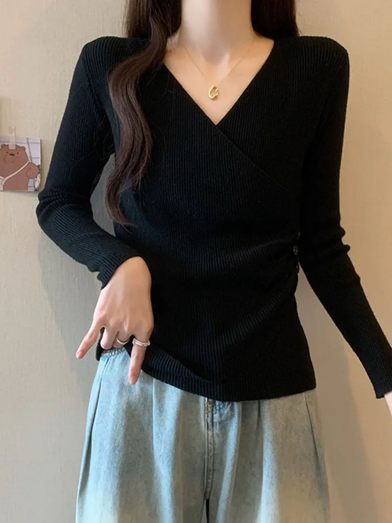 Sweet Hot Girl Irregular Cross V-neck Sweater Women's Autumn and Winter Slim Fit Knitted Pullover Fashion Female Clothes