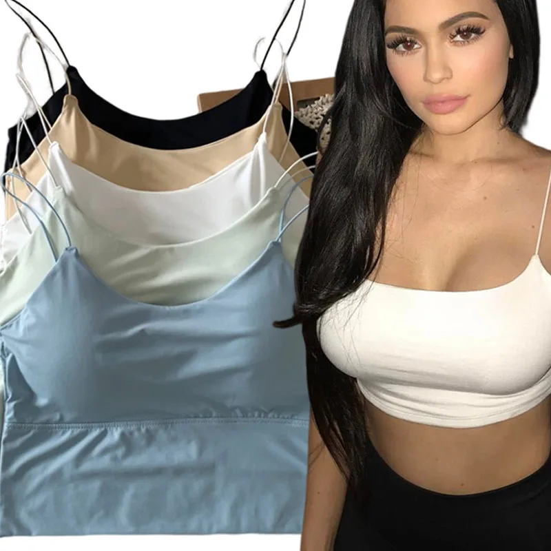 Ice Silk Summer Bra Crop Tops Sports Spaghetti Strap Vest Top Women Sexy Built In Bra Off Shoulder Sleeveless Camisole Underwear