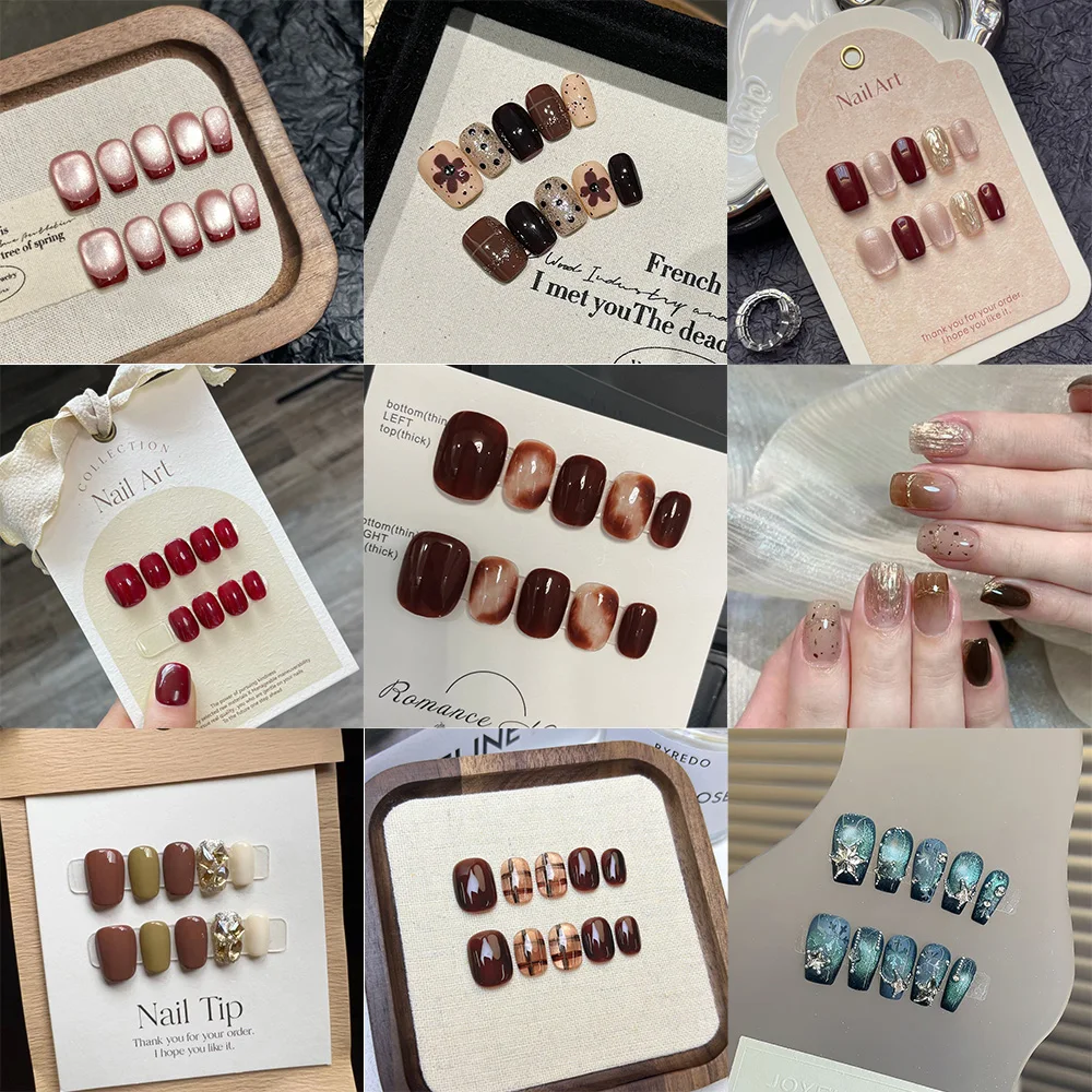 

10pcs Sweet French Cat Eye Press On Nails Brown Boho Style Fake Nails Handmade Cartoon Flower Manicure Tips for Any Occasion