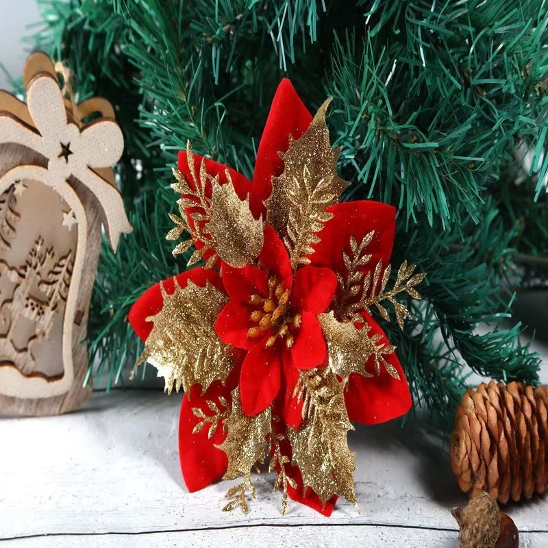 14cm Glitter Artificial Christmas Flowers Xmas Tree Ornaments Merry Christmas Decorations for Home New Year Gift