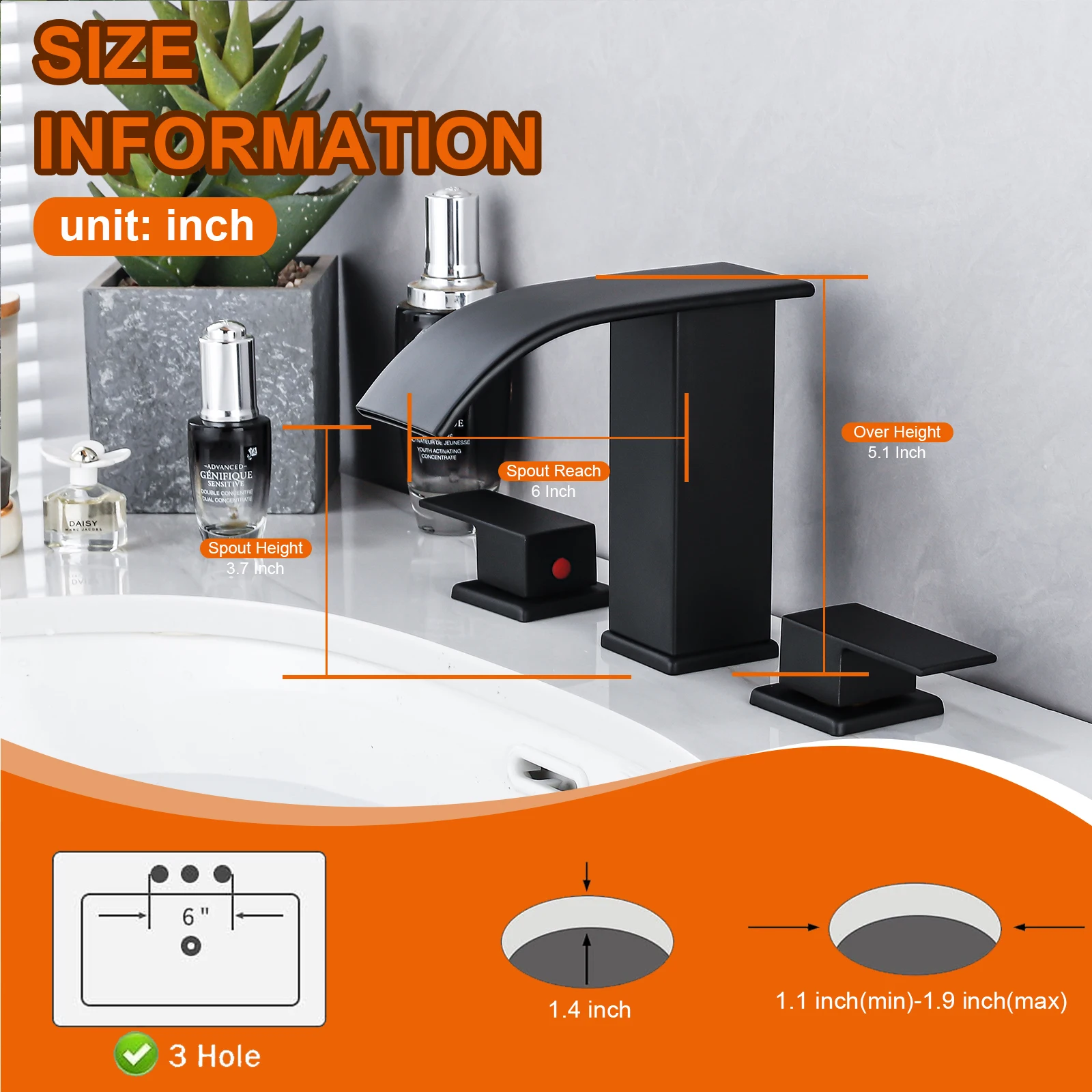 Waterfall Bath Sink Faucet Double Handle Basin Sink Faucet Hot and Cold Water Mixer 3 Hole Bathroom Faucet