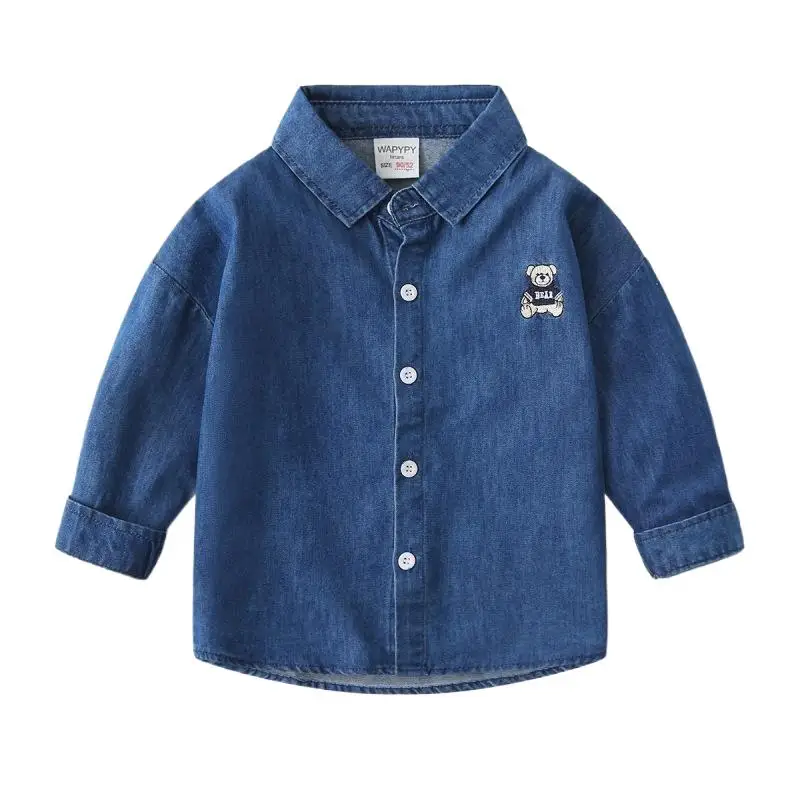 2024 Autumn Children Boy Denim Shirt Cotton Bear Printed Turn Down Collar Baby Boy Coat Loose Korean Casual Infant Boy Outerwear