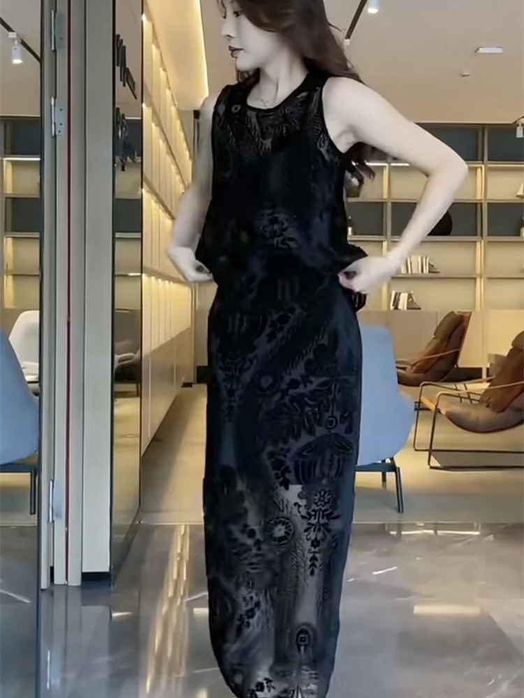 Damski komplet Ele Velvet, okrągły dekolt, spódnica midi Ne Svel, wysoki stan, letni, modny dwuczęściowy garnitur, długie spodnie, kolekcja 2025.