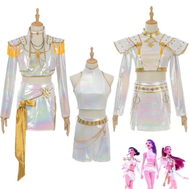 Disfraz de cazadores de demonios KPop para mujer, disfraz de Rumi Mira Zoey de cuero PU, traje de canto blanco, traje de fiesta de Carnaval y Halloween, peluca para niña
