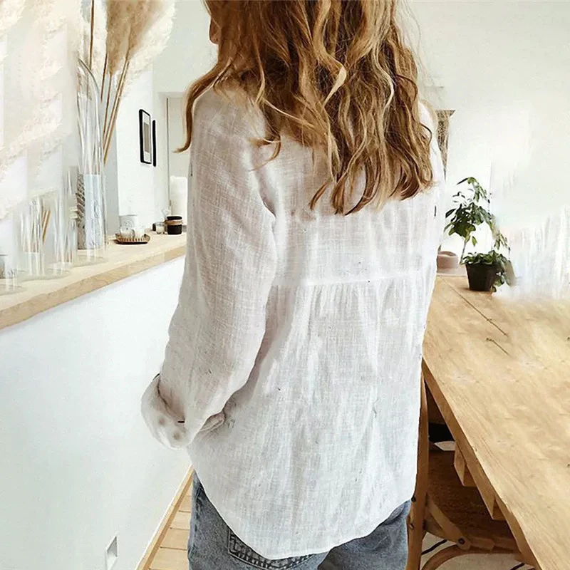 Elegant Cotton Linen Shirts Women Casual Solid Button Lapel Blouses Shirts Spring Summer Long Sleeve Loose Tops Tunic Blusas