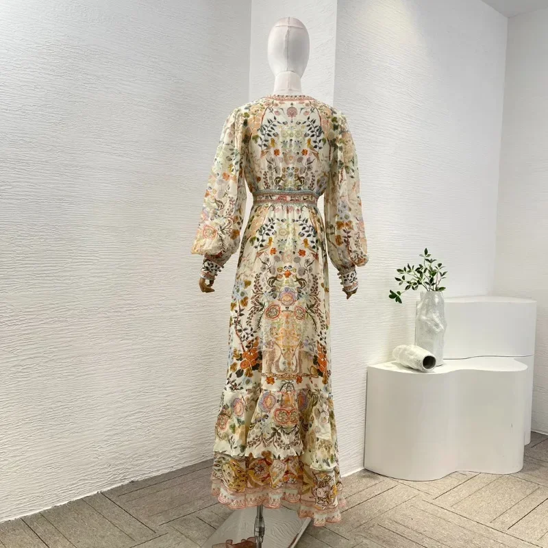 Newest Ladies' Multi Color Pearls Diamonds Floral Print Long Sleeve High Quality Silk Women Maxi Dresses for party Holiday