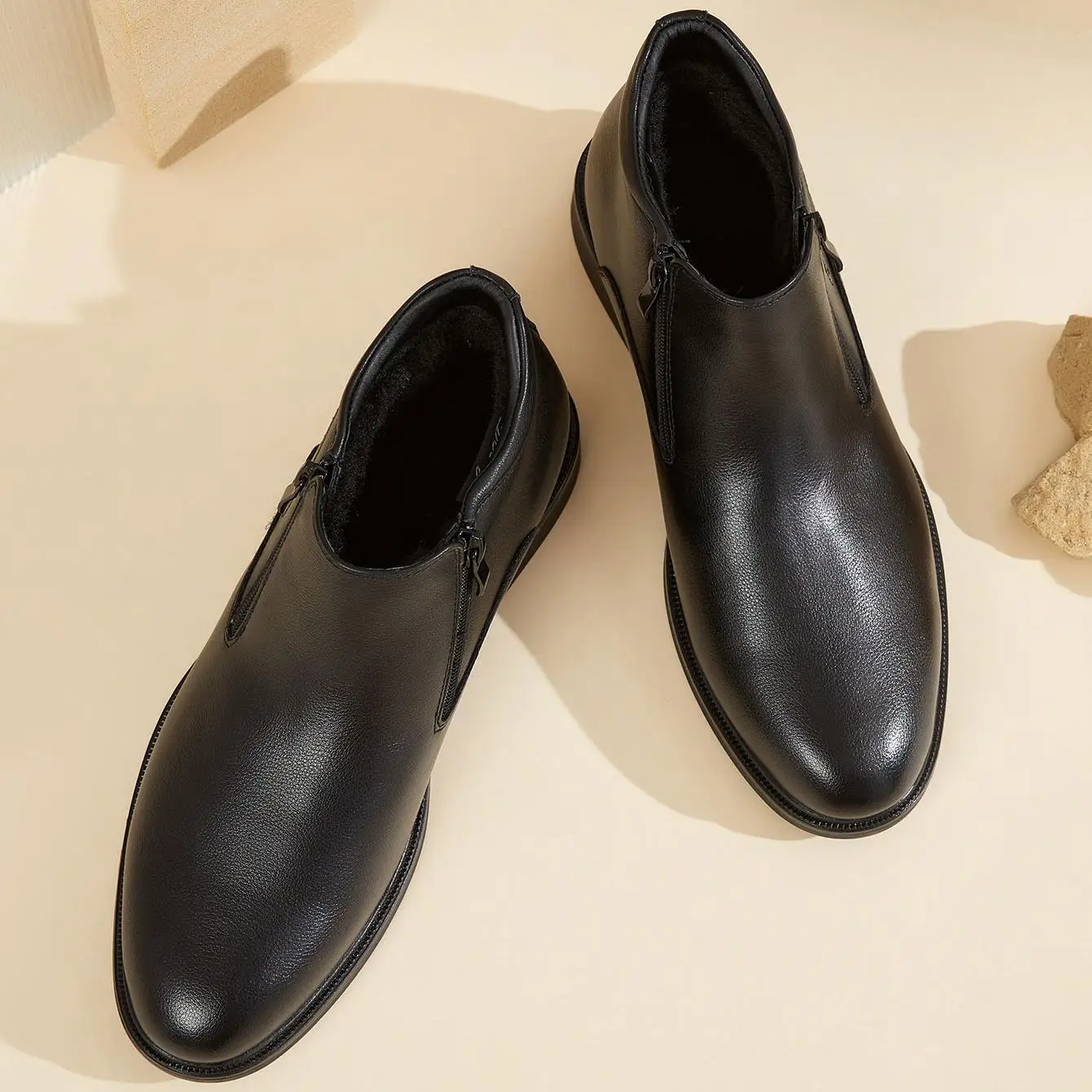 Desai Herrenstiefel mit breitem Schaft und seitlichem Reißverschluss, Kunstlederimitat, knöchelhohe Stiefel, formelle Business-Schuhe, bequem für Herbst und Winter – Detail 7