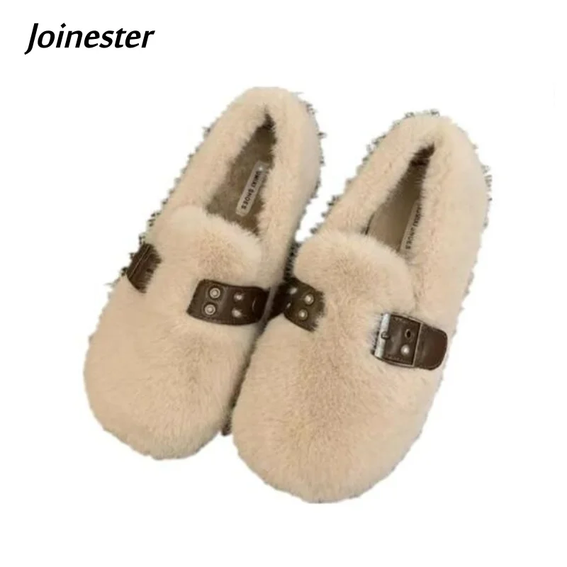 

Короткие плюшевые лоферы без шнуровки для женщин, зимние мокасины на плоском каблуке, удобная мягкая обувь на меху с круглым носком для отдыха