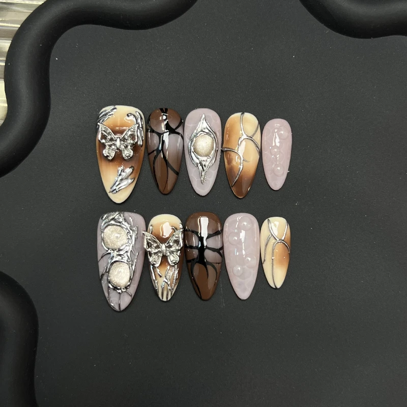 

10PCS Baroque Brown Gradient French False Nails Retro Crystal Metallic Silver Handmade 3D Butterfly Lines Almond Press on Nails
