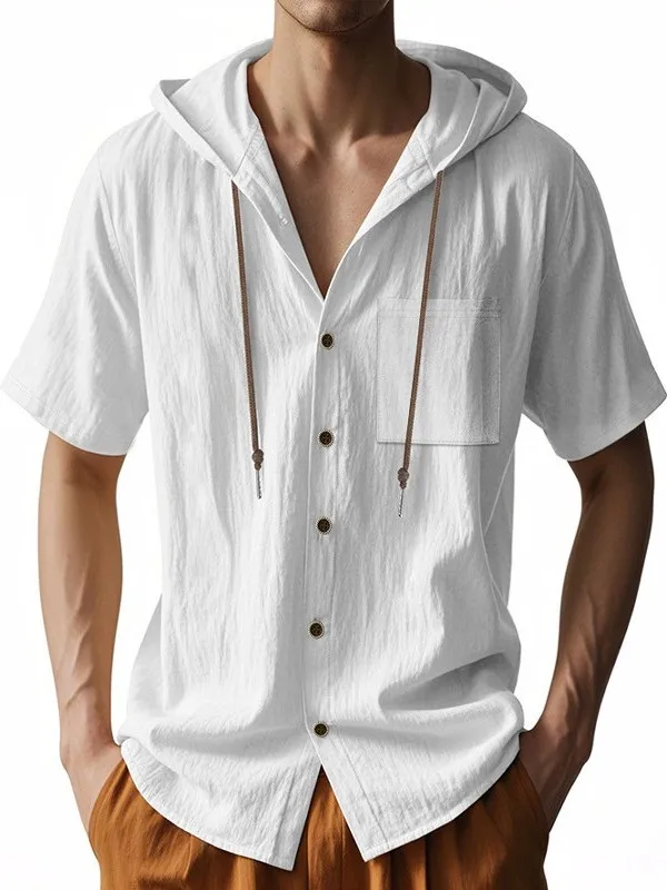

Casual Loose Men's Linen irt ort Sve Dstring Hooded Open Cardigan Sle Breathable Summer T-irt for Youth