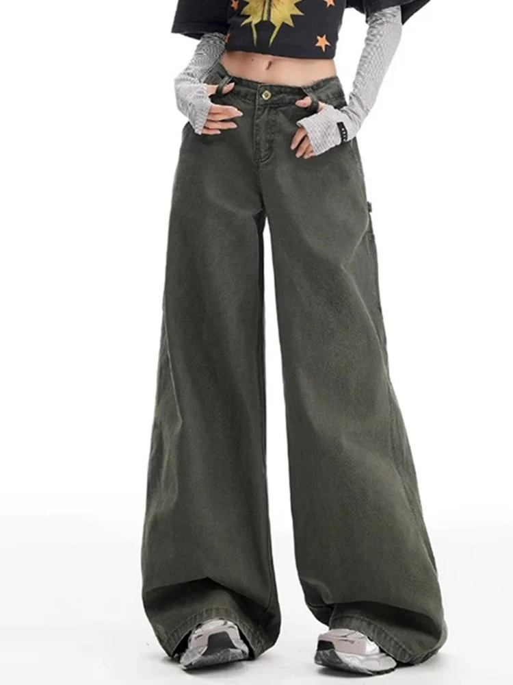 

Y2K рабочая одежда джинсы женские военные зеленые широкие брюки свободные с высокой талией ретро брюки длиной до пола