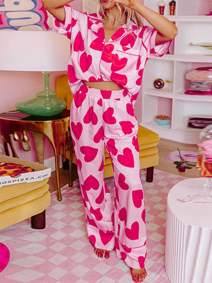 Dames Pyjama Set Hartenprint Korte Mouw Met Knoopsluiting Top Met Broek Nachtkleding Loungewear