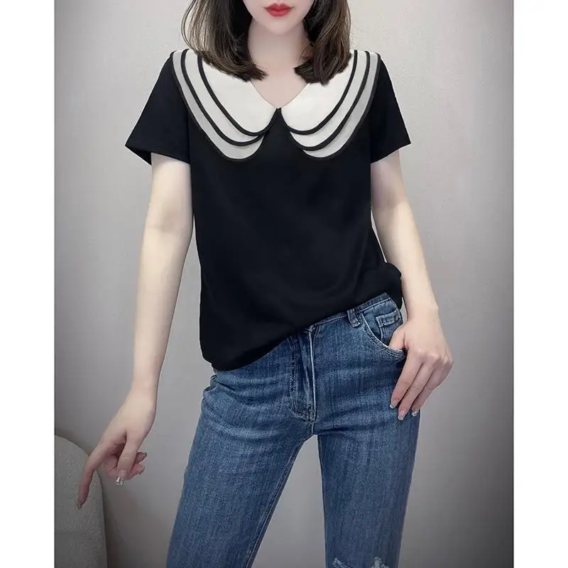 Camisetas de manga corta para mujer, Tops negros Kawaii para mujer, ropa informal holgada que combina con todo