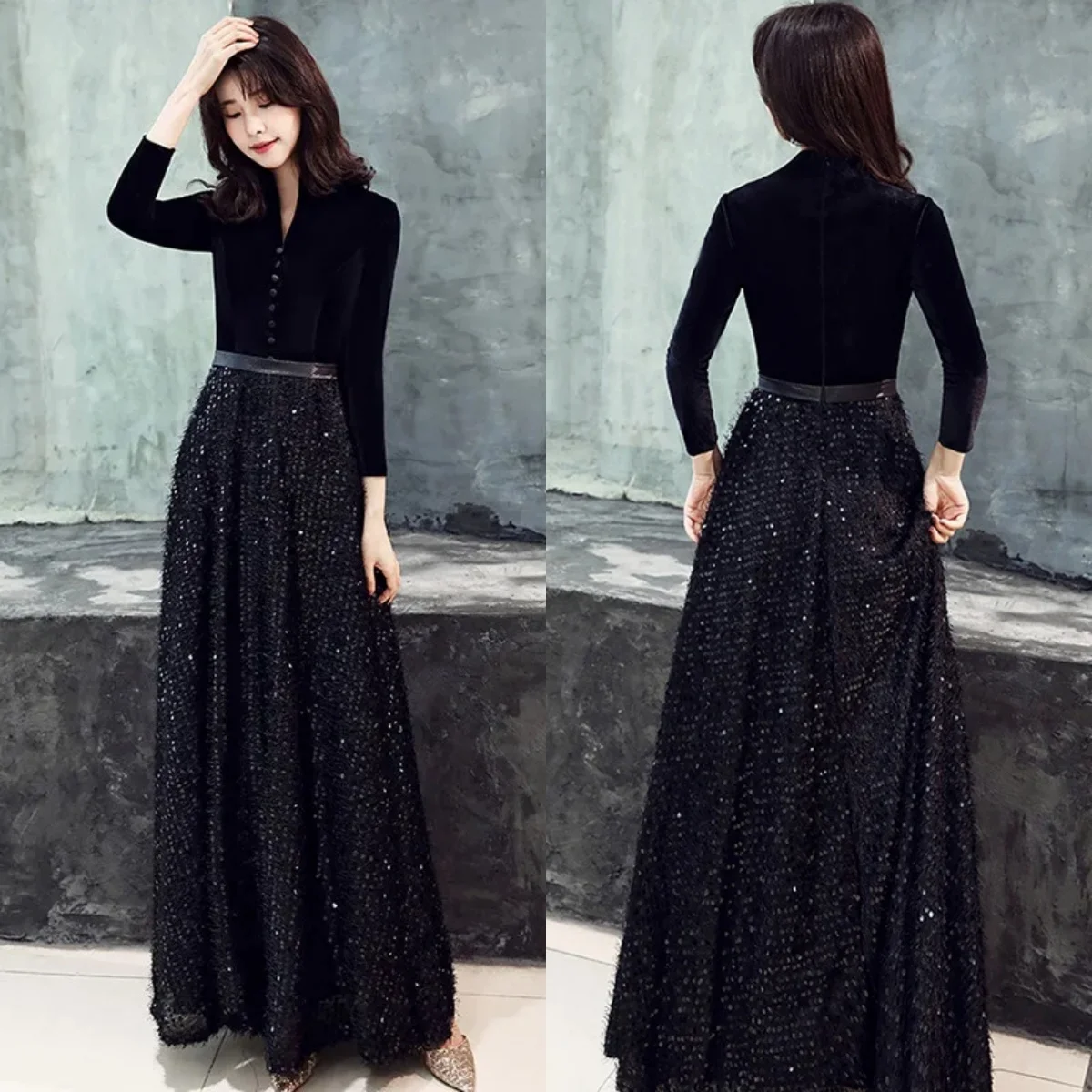 

Evening Dress Black Velvet Sequin V-neck Full Sleeves Zipper Back A-Line Floor Length Plus size Party Formal Gown Robe De Soiree