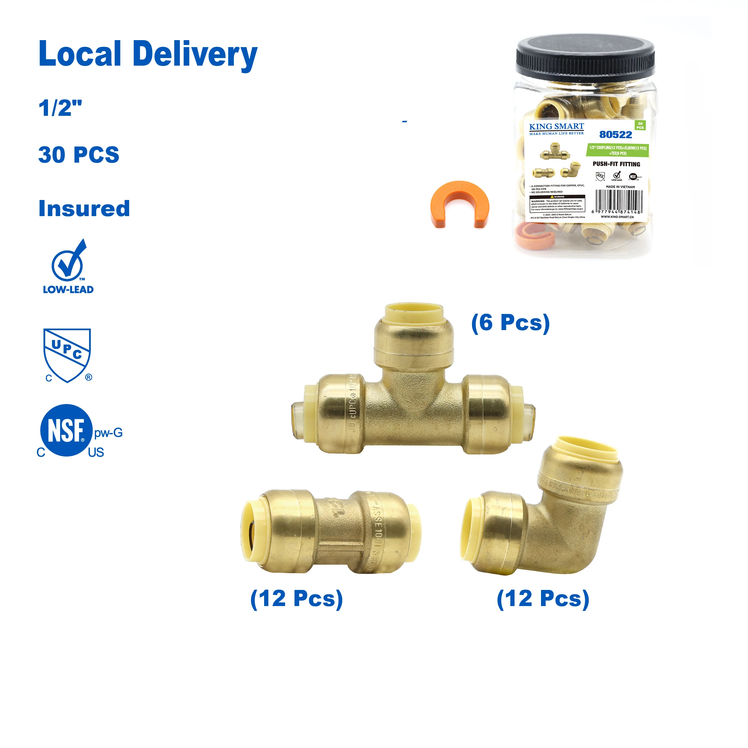 

KING SMART Push Fiting Kit Муфта 1/2 дюйма (12 шт.), колено 1/2 дюйма (12 шт.), тройник 1/2 дюйма (6 шт.); Бессвинцовая латунь; 30 шт./корпус; 80522