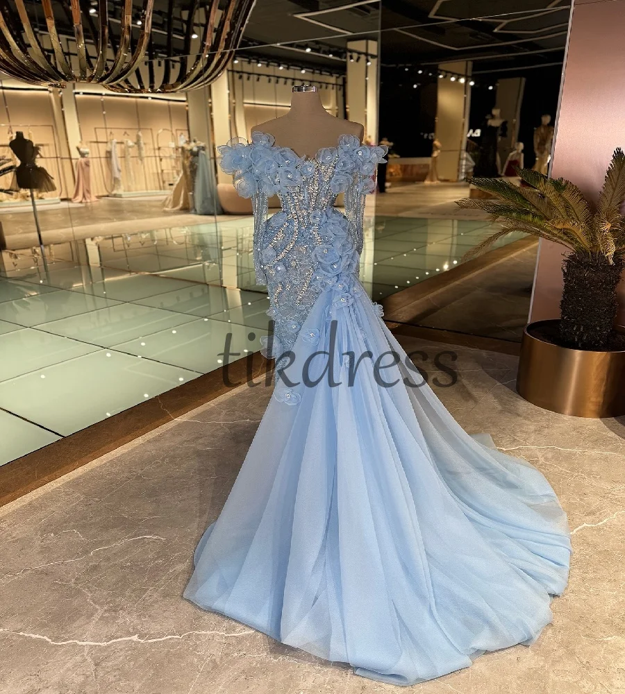 

Luxury Baby Blue Florals Prom Dress 2025 Mermaid Rhinestone Evening Dress With Train Long Sleeve Formal Dress BirthdayCustomized
