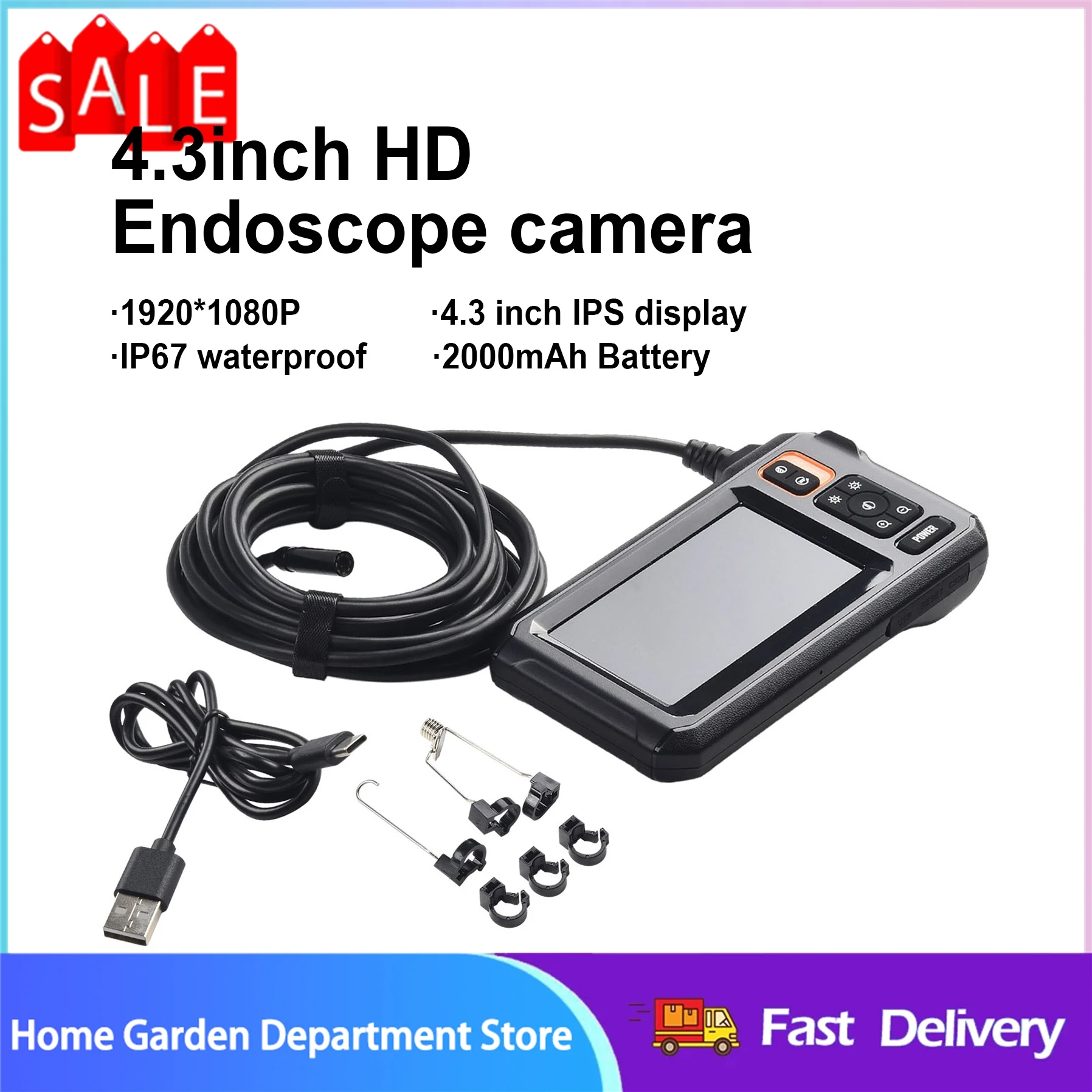 HD 1080P Industrial Endoscope Camera 8mm 4.3inch IPS Screen Pipe Inspection Camera for Car Repair IP67 Waterproof 8 LEDS Lights